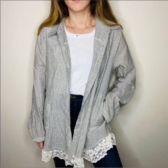 Umgee Cotton Blend Beige White Stripe Lace Trim Button Front Shirt XL - Picture 15 of 15